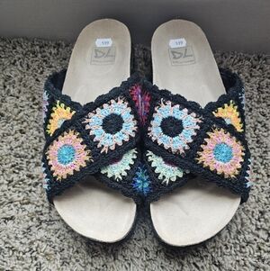 Dirty Laundry Black Crochet Crossband Sandals with Multicolor Crochet Squares